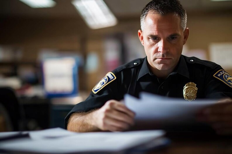 Police officer reviewing the police report for a personal injury cases.