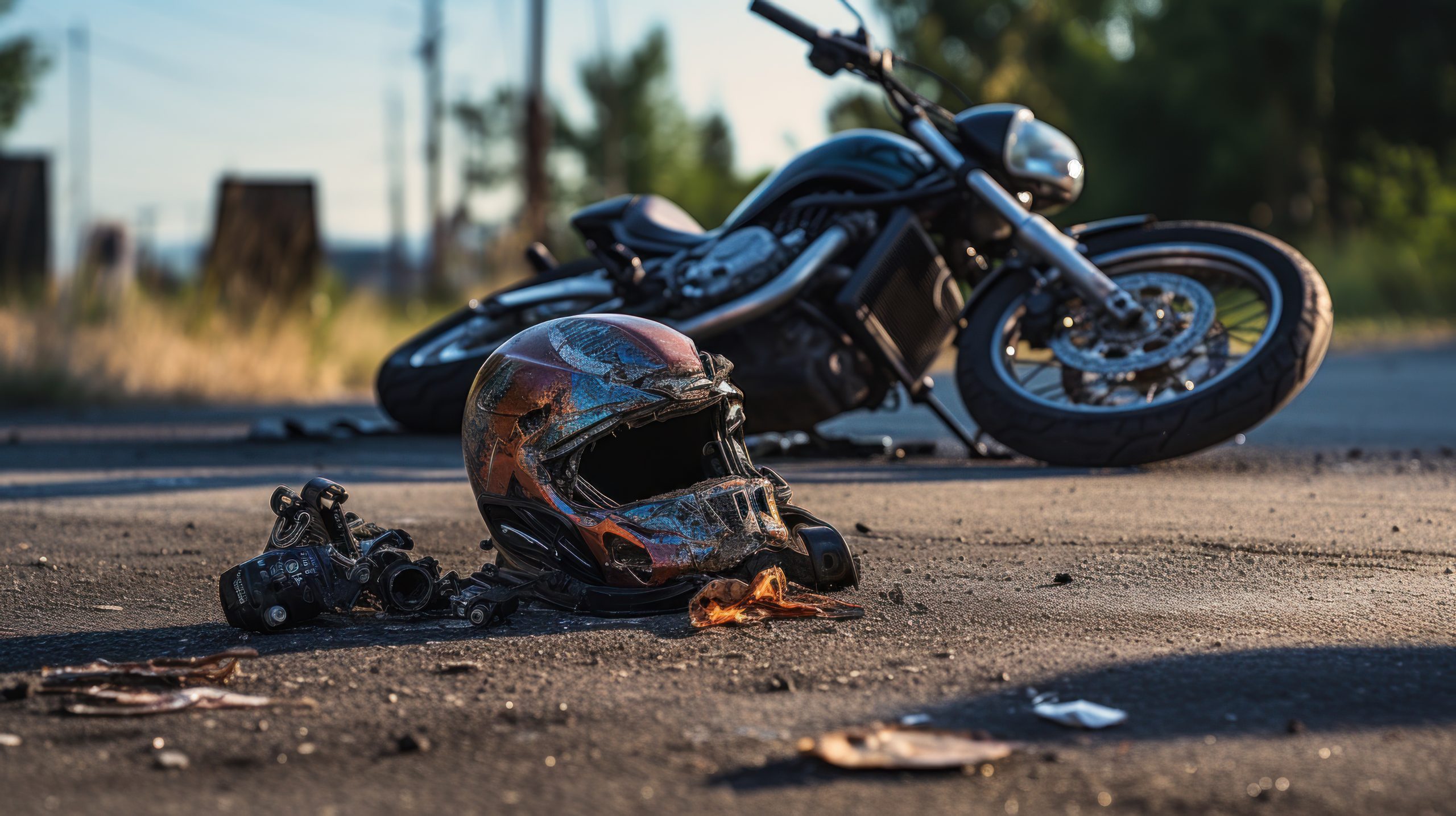 Photo of helmet and motorcycle on road, the concept of road accident