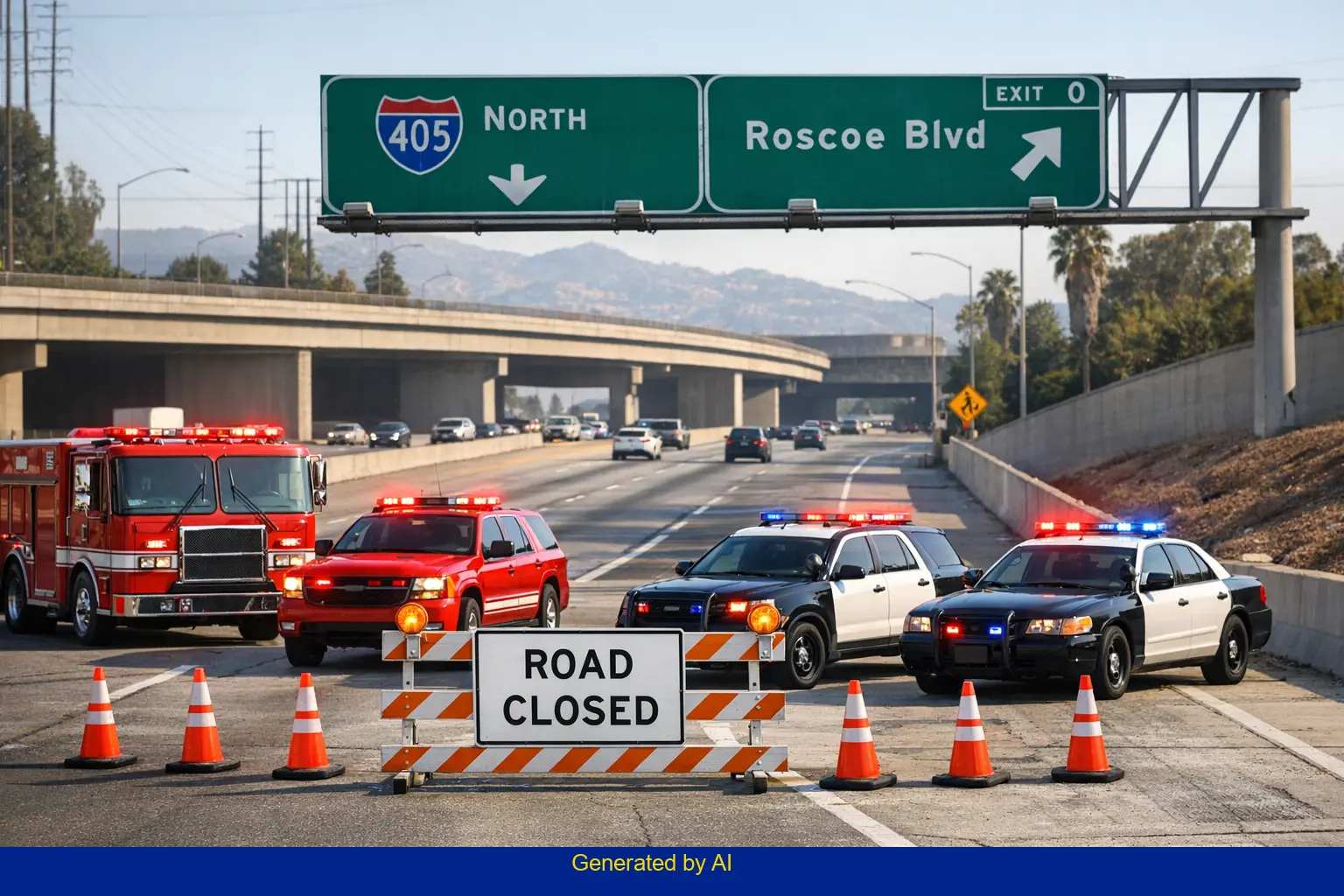 Emergency vehicles and road closure at I-405 North Roscoe Boulevard off-ramp after fatal incident