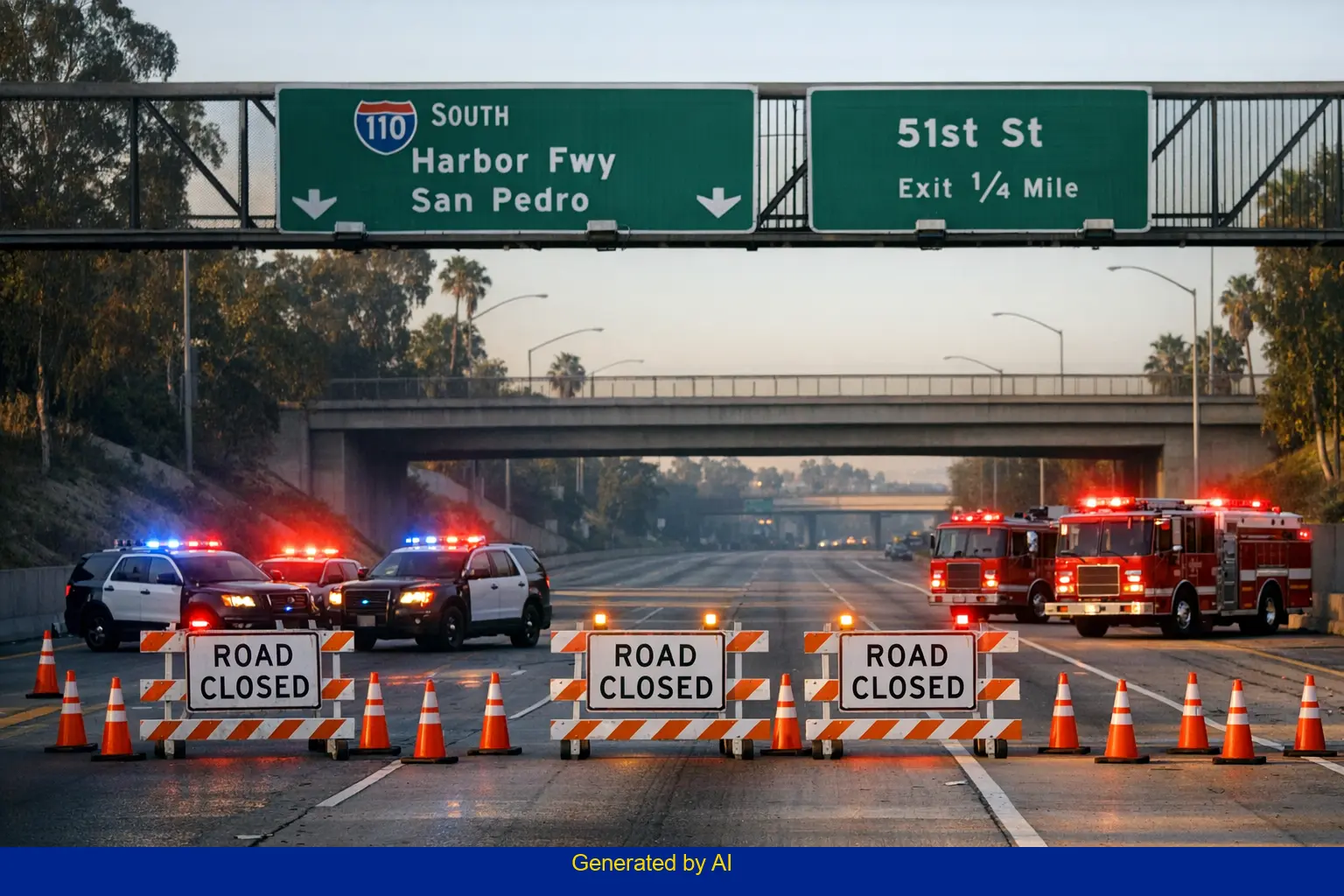 Emergency vehicles and road closure on southbound 110 Freeway after multi-vehicle crash in South Los Angeles