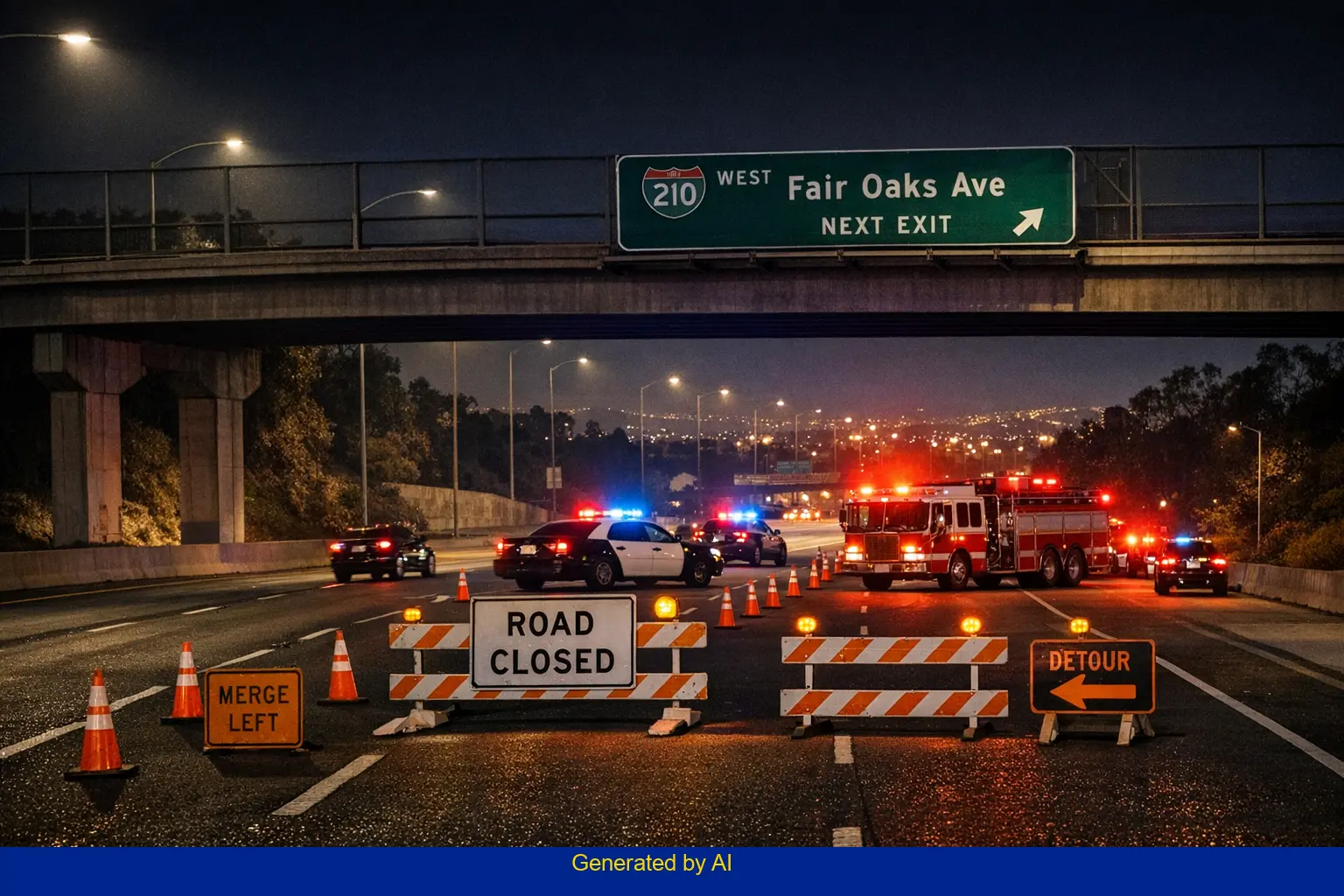 Emergency vehicles and road closure barriers on 210 Freeway at night after Pasadena motorcycle crash