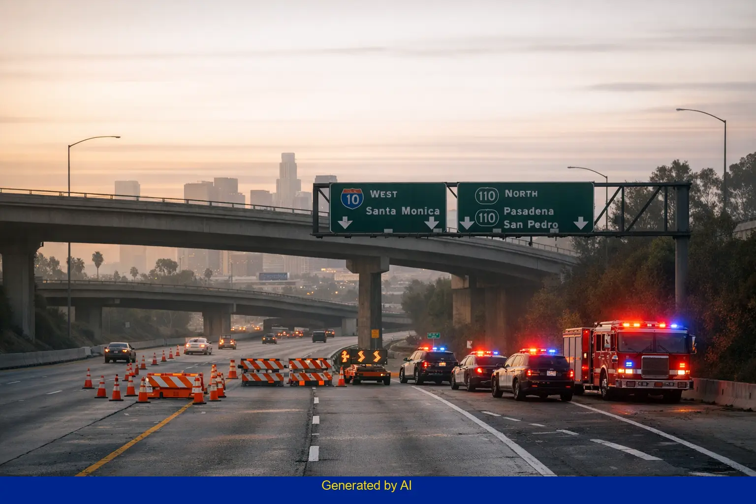 Emergency vehicles and closed lanes on 10 Freeway near downtown Los Angeles after pedestrian accident